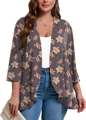 AusLook Women's Plus Size 3/4 Sleeves Lightweight Open Front Cardigan Draped Ruffles Shawls and Wraps Shrugs Kimono Jacket