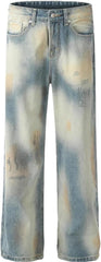 Mens Washed Straight Leg Jeans with Front Pockets Distressed Look Slightly Stretchy Denim for Casual Everyday Wear