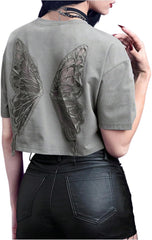 Verdusa Women's Butterfly Mesh Fairy T Shirts Drop Shoulder Goth Crop Tops