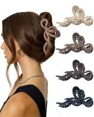 4 PCS Bow Hair Clips Bow Claw Clip for Women, Large Hair Claw Clips for Thin Thick Long Hair Cute Nonslip Bows (Black+Grey+Dark Brown+Light Brown)
