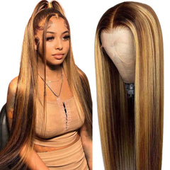 Cypha Ombre Lace Front Wig Human Hair Honey Blonde 13x4 HD Straight Lace Front Wigs 180% Density 4/27 Colored Highlight HD Lace Frontal Wigs For Women Glueless Pre Plucked with Baby Hair 30inch