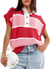 Saodimallsu Womens Striped Short Sleeve Sweater V Neck Button Down Color Block Loose Knit Pullover Tops
