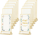 12 Pack Gold Acrylic Sign Holder 5 x 7 inch, Double Sided Gold Picture Frame Stand up Table Top Sign Holders, Wedding Table Number Frames Vertical for Party, Home, Office(5 x 7inch)