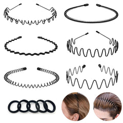 Metal Headbands for Men and Women - Adjustable Unisex Wire Hair Band with Wavy Design, Black Elastic Sports Headband for Daily Use, Spring Summer Outdoor & Gifts(6 Pack )