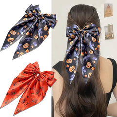 2Pcs Halloween Bow Hair Clips Big Bows Hair Accessories for Women Girls Pumpkin Bat Hair Bows Clips Orange White Hairpins Long Tail Bow Hair Barrettes for Halloween Hairstyle
