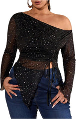 Women's Plus Size Sheer Mesh Off Shoulder Tops Long Sleeve Drawstring Asymmetrical Hem Ruched T Shirt