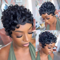 Pixie Cut Short Bob Wig for Black Women 100% Brazilian Human Hair Full Machine Made Wigs Glueless Natural Black Color Curly Human hair