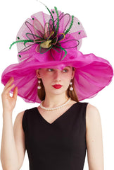 Organza Derby Hats for Women Wide Brim Fascinator Hat Rose Flower Wedding Tea Party Hat
