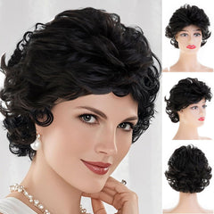 Baruisi Short Fluffy Brown Wigs for Women Natural Looking Synthetic Curly Hair Wig with Bangs