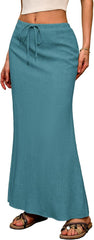 ELLEVEN Linen Flared Maxi Skirt with Back Slit - Elastic Waist Drawstring Long Flowy Ankle-Length Skirt