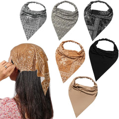 6 Pack Hair Scarf Headband for Women Elastic Bandana Head Scarf Large Boho Triangle Kerchief with Clips Non Slip Scarves