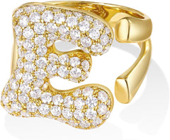 KissYan Bubble Initial Ring for Women, 14k Gold Plate Balloon Jumbo Letter Rings Open Adjustable Dainty Pave CZ Personalized Fashion Trendy Statement Jewelry Gift