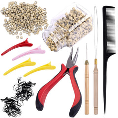 Duufin Hair Extensions Kit 500 Pcs Brown Micro Ring Beads 1 Micro Beads Plier 2 Hook Needle Pulling Loop 4 Plastic Alligator Hair Clips 1 Comb and 2 Bags Black Mini Rubber Hair Elastic