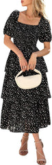 BTFBM Womens Square Neck Smocked Dress Summer Puff Short Sleeve Floral Casual Ruffle Tiered Maxi Wedding Guest Dresses