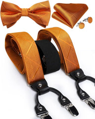 Vintage Silk Men's Bow Tie Set Trousers Strap Casual Real Leather 6 Clips Elastic Suspender Braces