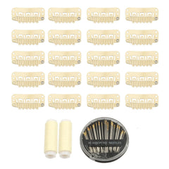 30pcs Hair Extension Clips U-Shape Stainless Steel Snap Clips for Wigs and Hair Extensions and Hairpieces, 30 Assorted Sewing Needles and 2 Rolls Thread (Light Brown)