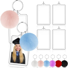 Henoyso 24 Pcs Halloween Photo Keychain Acrylic Picture Keychains with Colorful Fluffy Poms Photo Ornament (2 x 3 Inches)