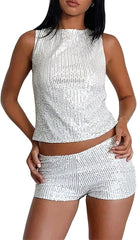 Amiblvowa Sequin Tank Top Women Y2k Sexy Sleeveless Sparkly Crop Camisole Slim Shiny Glitter Cami Going Out Party Vest Shirts