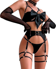 Sexy Strappy Black Bow Lingerie Set with Sheer Gloves and Thigh Bands – Ultimate Temptation for Special Nights