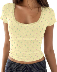 Cioatin Women Y2K Lace Bow Patchwork Pointelle Crop Tshirt Short Sleeve Scoop Neck Fitted Girls Coquette Tee Tops Summer