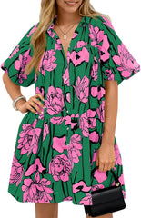 Wenrine Women's Summer Button Down Shirt Dress Floral Puff Short Sleeve Casual Loose Fit Beach Mini Dresses