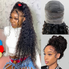 360 Glueless Drawstring Wig Human Hair 28 Inch Pre Plucked Hidden Strap 360 Water Wave Lace Front Wigs,180% Density Curly Wet and Wavy HD Full 360 Lace Frontal Human Hair Wig