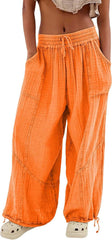 Womens Wide Leg Casual Pants Elastic High Waist Drawstring Stitching Baggy Trousers with Pockets Solid Color