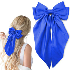 Hair Bows for Women, 2Pcs Royal Blue Bow Hair Clips for Girls, Silky Satin Hair Bows Clips Long Tail, Large Hair Barrettes Cute Aesthetic Hair Accessories