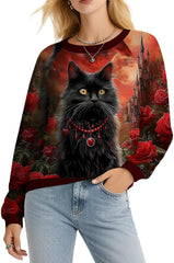 Novelty Cat Print Sweatshirt for Women Casual Fall Long Sleeve Tops Fashion Crewneck Daily Pullover Halloween Funny