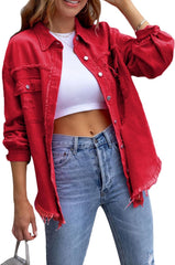 MBMSHEGH Women's Ripped Distressed Denim Jacket Long Sleeve Button Down Boyfriend Jean Coat Trucker Jacket