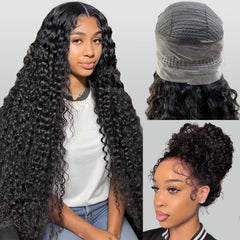 360 Glueless Drawstring Wig Human Hair 28 Inch Pre Plucked Hidden Strap 360 Water Wave Lace Front Wigs,180% Density Curly Wet and Wavy HD Full 360 Lace Frontal Human Hair Wig