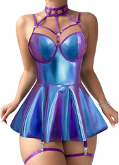 Sexy Strappy Leather Underwire Choker Garter Belt Mini Lingerie Set Dress with Thong 3 Piece