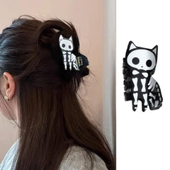 Skull Hair Clips Halloween Hair Claw Clips Cat Hair Barrettes Nonslip Claw Clip Cute Hair Accessories White Black Cat Skeleton Hair Barrettes Halloween Hair Decoration for Thin and Thick Hair