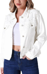 Women's Bride Jean Jacket Trendy Spring Long Sleeve Button Up Pearl Denim Jackets