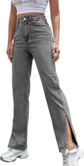 Straight Leg Jeans for Women Split Hem Classic Relax Fit High Waisted Stretchy Bootcut Jeans Denim Pants with Pockets