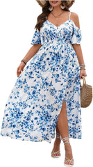Floerns Women's Plus Size Cold Shoulder Short Sleeve Split Thigh Long Dress