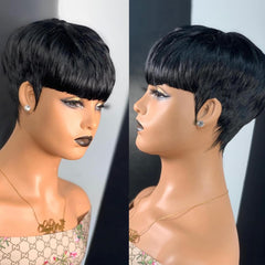PangDongLai Chic Elegent Pixixe Cut Curly Wigs for Black Women Short Layered Pixie Cut Human Hair Wigs With Bangs Natural Black Color Summer No Glue Short Curly Human Hair Wig