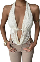 MakeMeChic Women's Sexy Halter Top Open Back Going Out Tops Cowl Neck Festival Rave Top