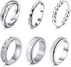 Fidget Rings for Anxiety 6pcs Stainless Steel Spinner Ring Anti Anxiety Ring Spinning Moon Star Cool Stress Relieveing CZ Band Rings Set for Women Men