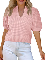 Saodimallsu Womens Puff Short Sleeve Sweater Top Waffle Knit V Neck Spring Summer Cropped Trendy Cute Shirts Blouses