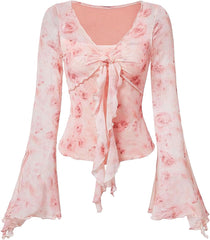 Verdusa Women's Y2K Tie Front Tops Bell Sleeve Floral Print Mesh Tops Long Sleeve Shirts 2000s Clothing