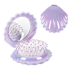 Metallic Shinning Finish Foldable Travel Hair Brushes with Mirror Shell Shape Portable Folding Pocket Hair Brush Mini Hair Comb Compact Size Hair Massage Comb (Pink)