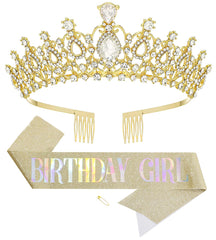 Birthday Tiara Crown with Sash for Women, Headband Hair Accessories for Wedding Party Costume