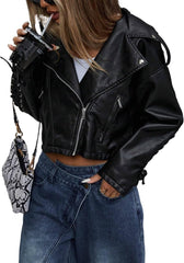 Casual jackets for women Retro Style Cropped PU Leather Jacket With Straps, Cool Design