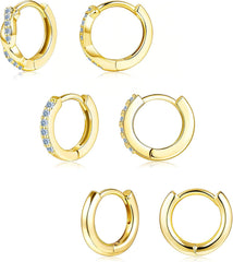 Inerney Gold Huggie Hoop Earrings Set for Women, Dainty Small Sterling Silver Earring Stacks Hypoallergenic Jewelry for Multiple Piercings, Trendy Twisted Cute Cartilage Hoops Birthstone Gift 3 Pairs