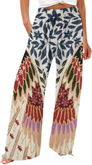 Floral Print Pants for Women High Waisted Business Work Casual Wide Leg Linen Pants Loose Flowy Summer Beach Trousers