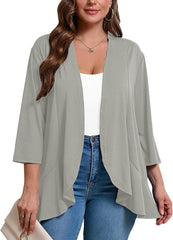 AusLook Women's Plus Size 3/4 Sleeves Lightweight Open Front Cardigan Draped Ruffles Shawls and Wraps Shrugs Kimono Jacket