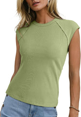 Sidefeel Womens Tops Casual Crewneck Cap Sleeve Tops Ribbed Raw Hem Summer T Shirts Slim Fit Basic Tees Blouses