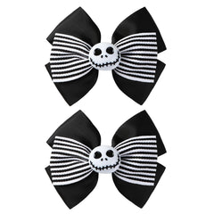 2Pcs Ghost Skull Hair Bows Black White Striped Ribbon Hair Clip Christmas Halloween Accessories Party Decorations