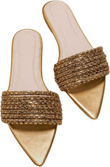 GORGLITTER Women's Rhinestone Sandals Sparkly Pointed Open Toe Dressy Summer Flat Sandals